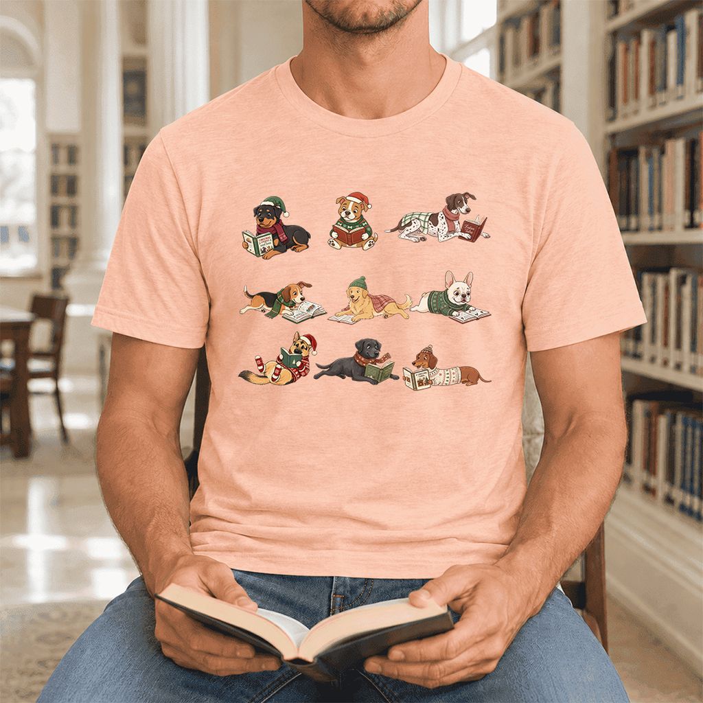 Cozy Dogs Reading Christmas Ultra-Soft Cotton T-Shirt | Christmas Reader Gift Heather Peach