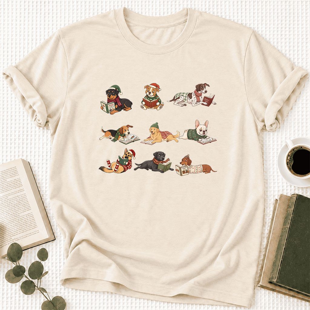 Cozy Dogs Reading Christmas Ultra-Soft Cotton T-Shirt | Christmas Reader Gift Natural