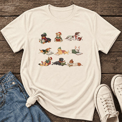 Cozy Dogs Reading Christmas Ultra-Soft Cotton T-Shirt | Christmas Reader Gift Natural