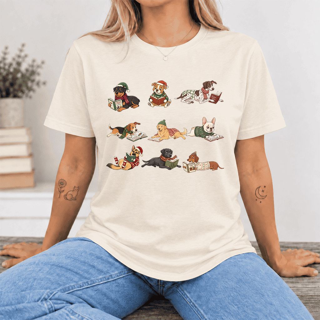 Cozy Dogs Reading Christmas Ultra-Soft Cotton T-Shirt | Christmas Reader Gift Natural