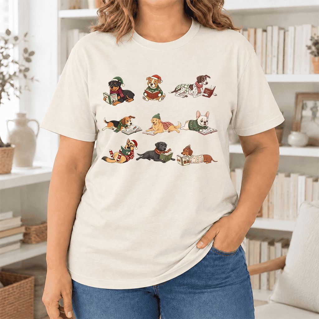 Cozy Dogs Reading Christmas Ultra-Soft Cotton T-Shirt | Christmas Reader Gift Natural