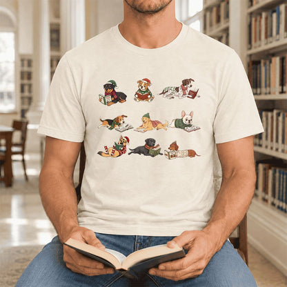Cozy Dogs Reading Christmas Ultra-Soft Cotton T-Shirt | Christmas Reader Gift Natural