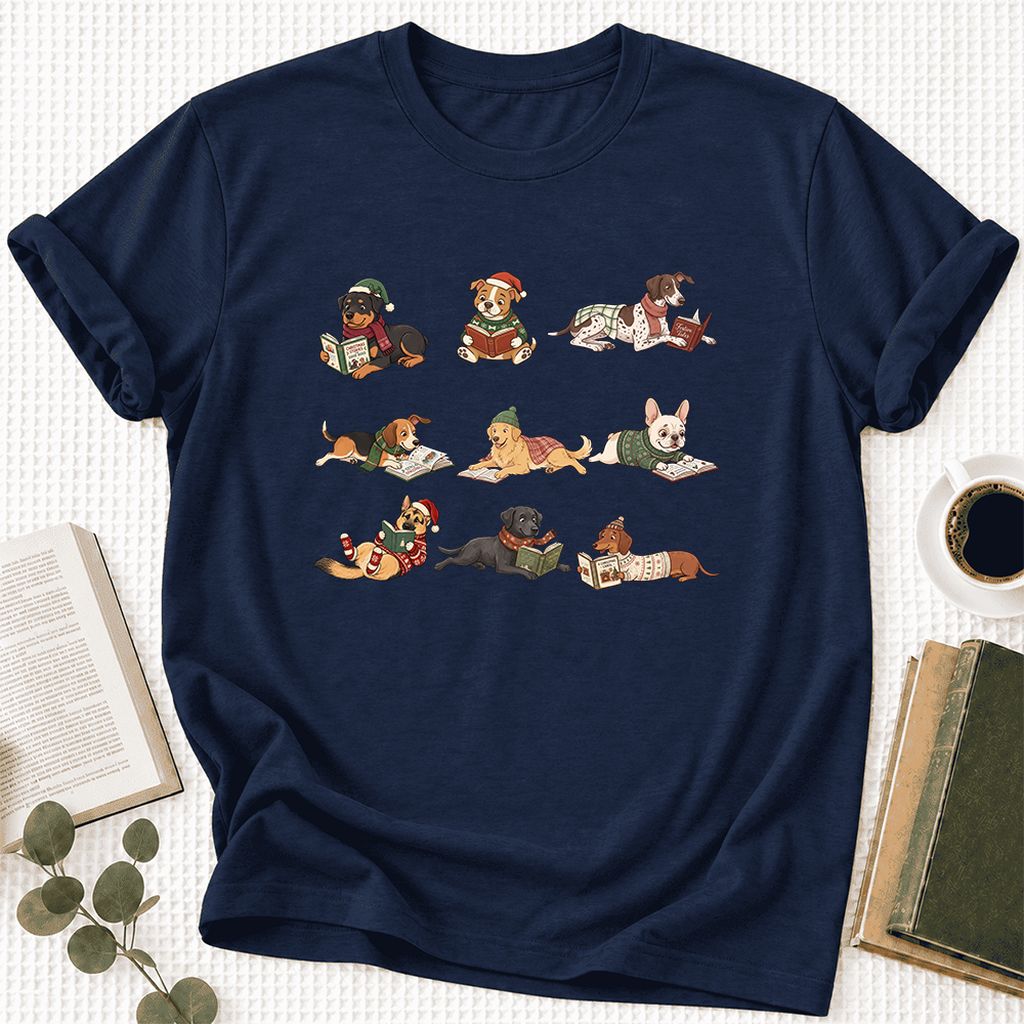 Cozy Dogs Reading Christmas Ultra-Soft Cotton T-Shirt | Christmas Reader Gift Navy