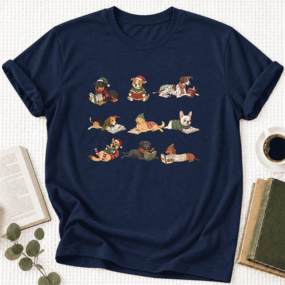 Cozy Dogs Reading Christmas Ultra-Soft Cotton T-Shirt | Christmas Reader Gift Navy