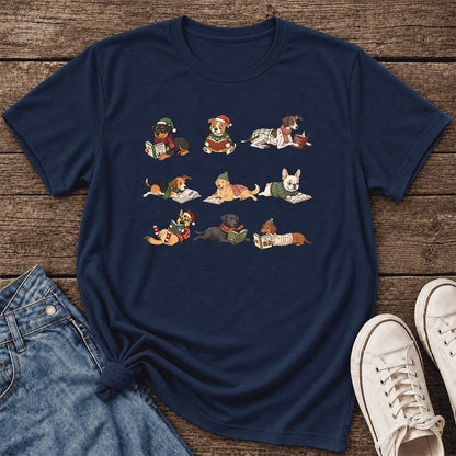 Cozy Dogs Reading Christmas Ultra-Soft Cotton T-Shirt | Christmas Reader Gift Navy