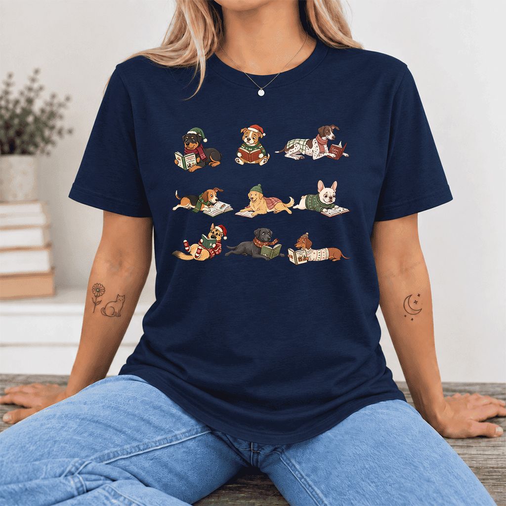 Cozy Dogs Reading Christmas Ultra-Soft Cotton T-Shirt | Christmas Reader Gift Navy
