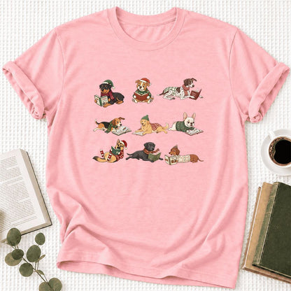 Cozy Dogs Reading Christmas Ultra-Soft Cotton T-Shirt | Christmas Reader Gift Pink