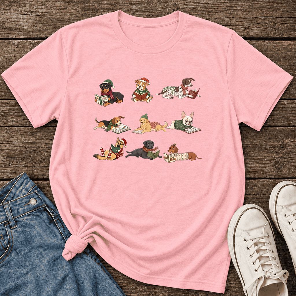 Cozy Dogs Reading Christmas Ultra-Soft Cotton T-Shirt | Christmas Reader Gift Pink
