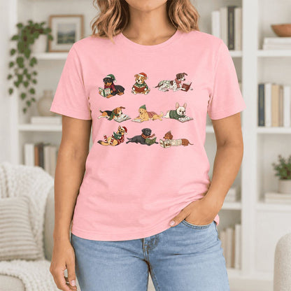 Cozy Dogs Reading Christmas Ultra-Soft Cotton T-Shirt | Christmas Reader Gift Pink