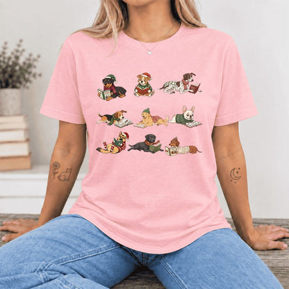 Cozy Dogs Reading Christmas Ultra-Soft Cotton T-Shirt | Christmas Reader Gift Pink