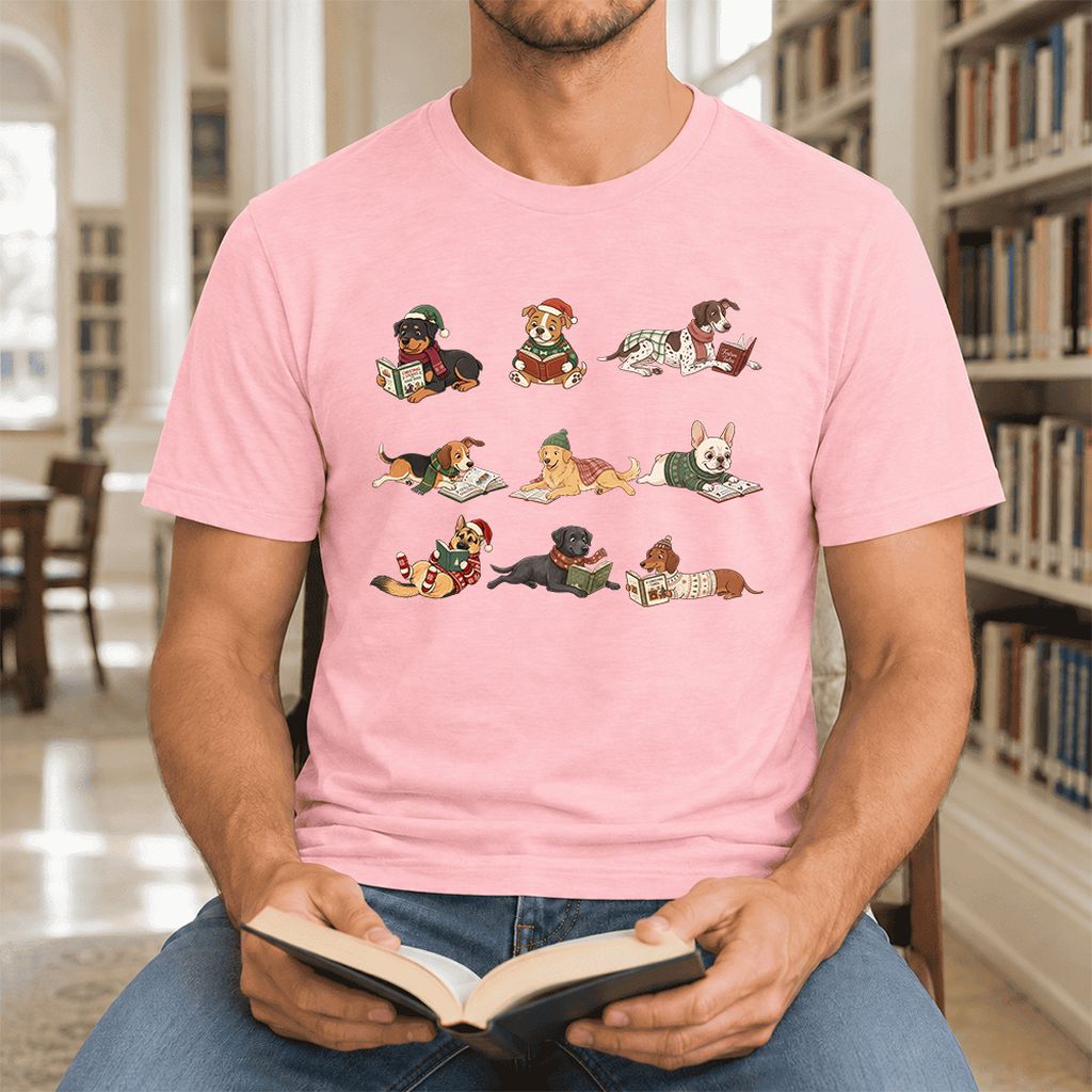 Cozy Dogs Reading Christmas Ultra-Soft Cotton T-Shirt | Christmas Reader Gift Pink