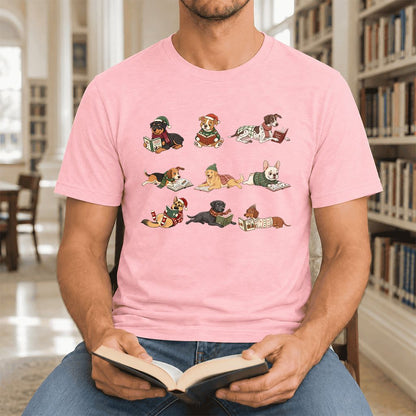 Cozy Dogs Reading Christmas Ultra-Soft Cotton T-Shirt | Christmas Reader Gift Pink