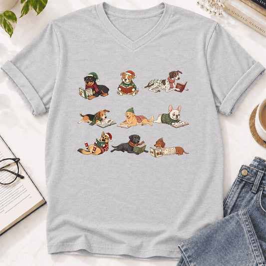 Cozy Dogs Reading Christmas Ultra-Soft V-Neck | Christmas Reader Gift Ash