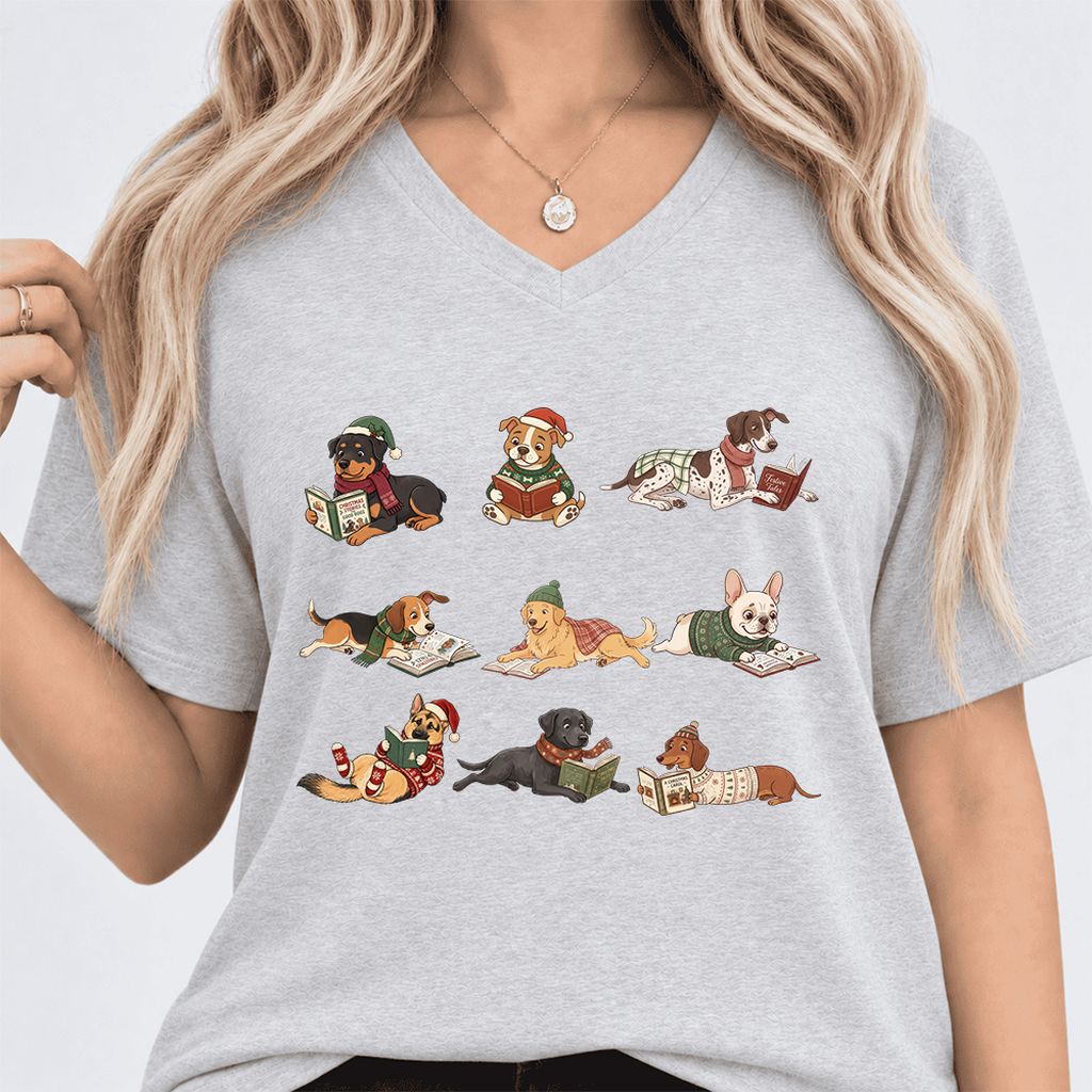 Cozy Dogs Reading Christmas Ultra-Soft V-Neck | Christmas Reader Gift Ash