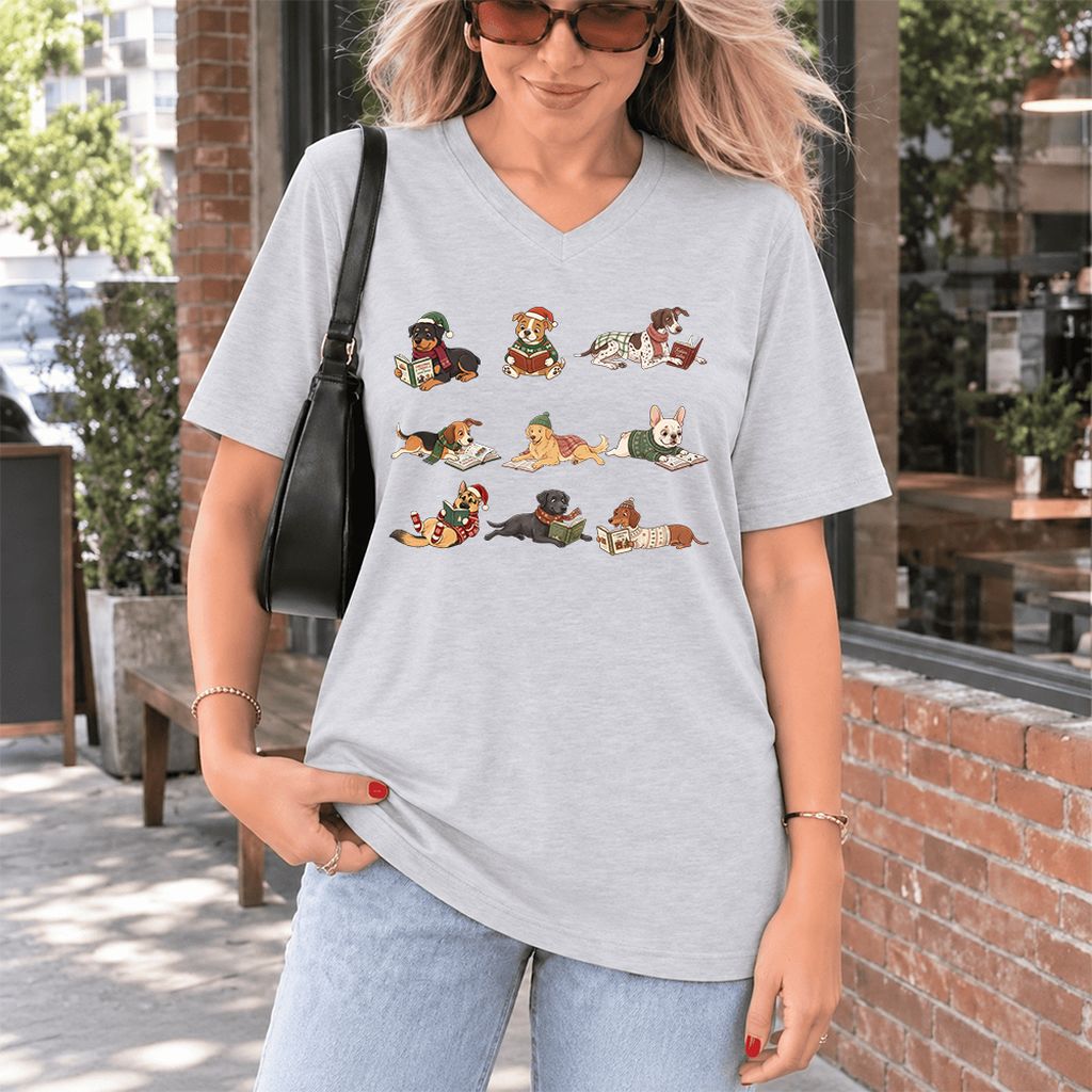 Cozy Dogs Reading Christmas Ultra-Soft V-Neck | Christmas Reader Gift Ash