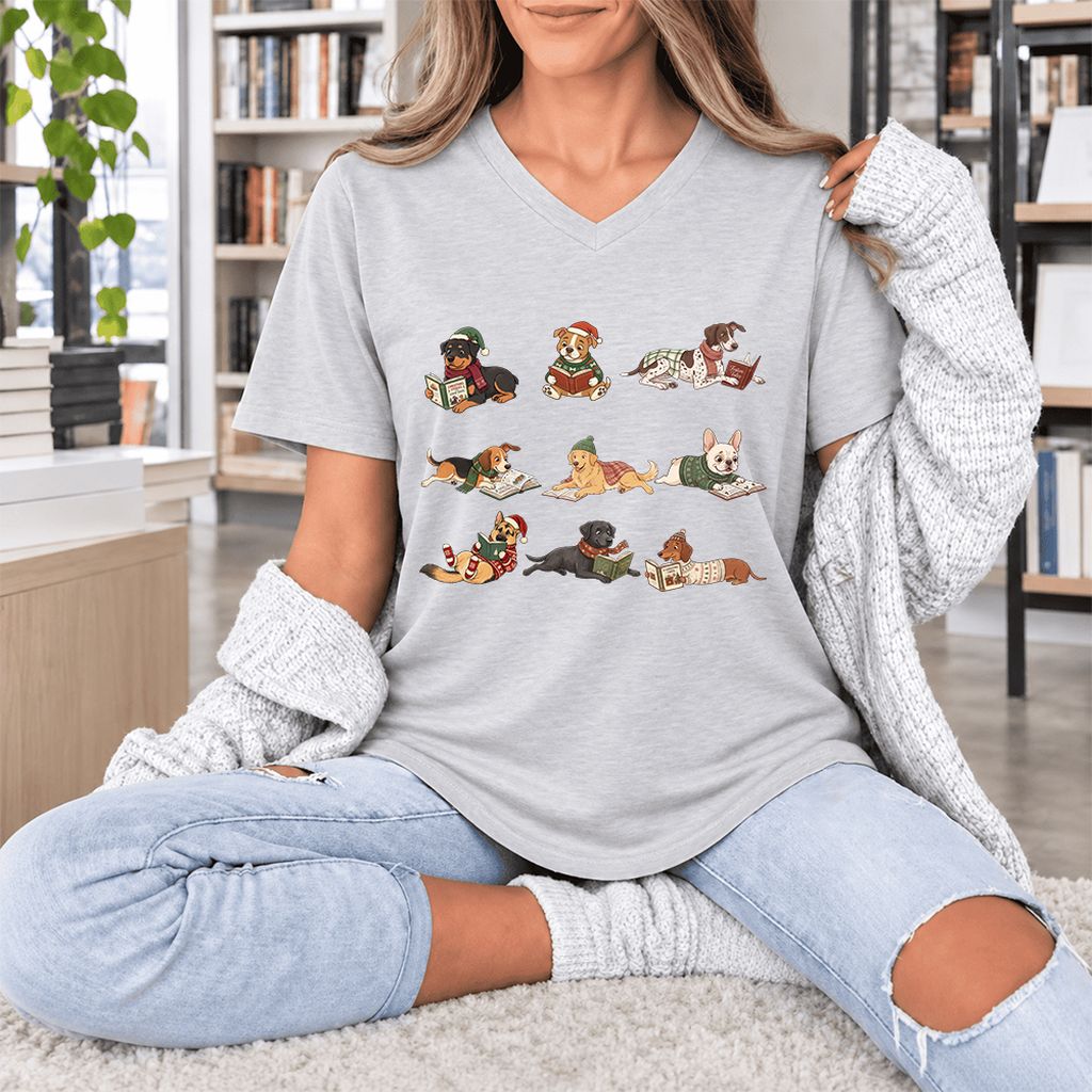 Cozy Dogs Reading Christmas Ultra-Soft V-Neck | Christmas Reader Gift Ash
