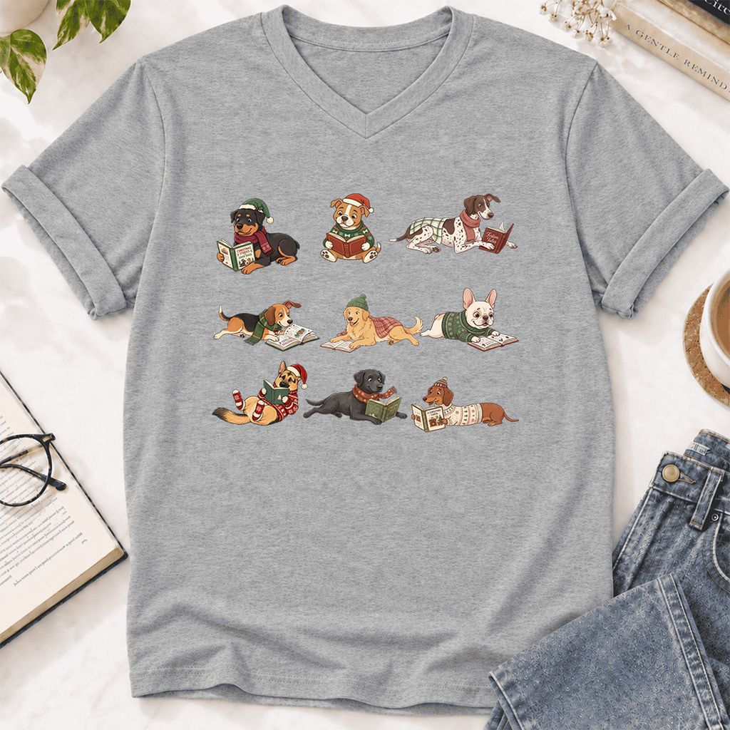 Cozy Dogs Reading Christmas Ultra-Soft V-Neck | Christmas Reader Gift Athletic Heather