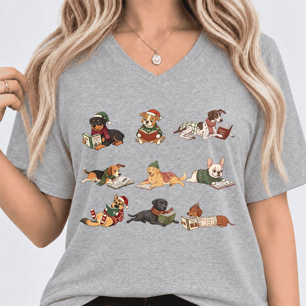 Cozy Dogs Reading Christmas Ultra-Soft V-Neck | Christmas Reader Gift Athletic Heather