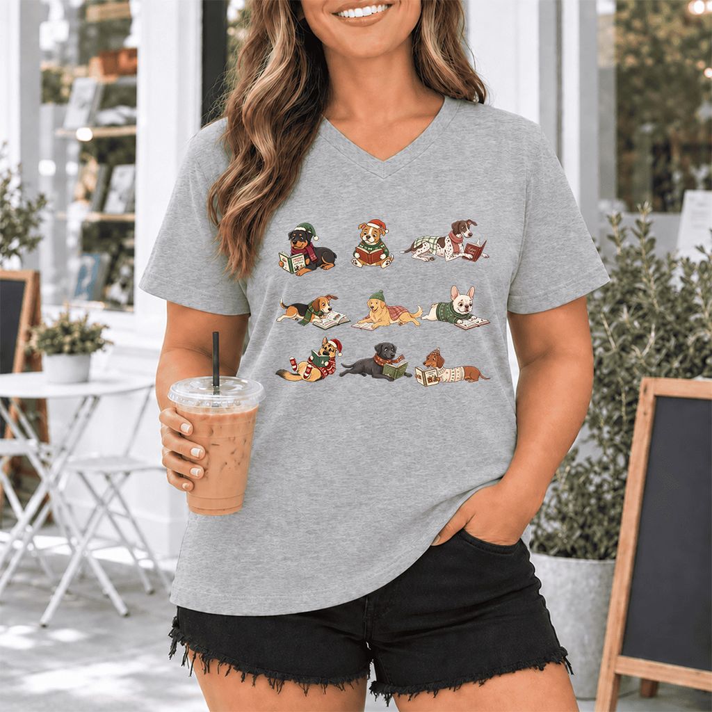 Cozy Dogs Reading Christmas Ultra-Soft V-Neck | Christmas Reader Gift Athletic Heather