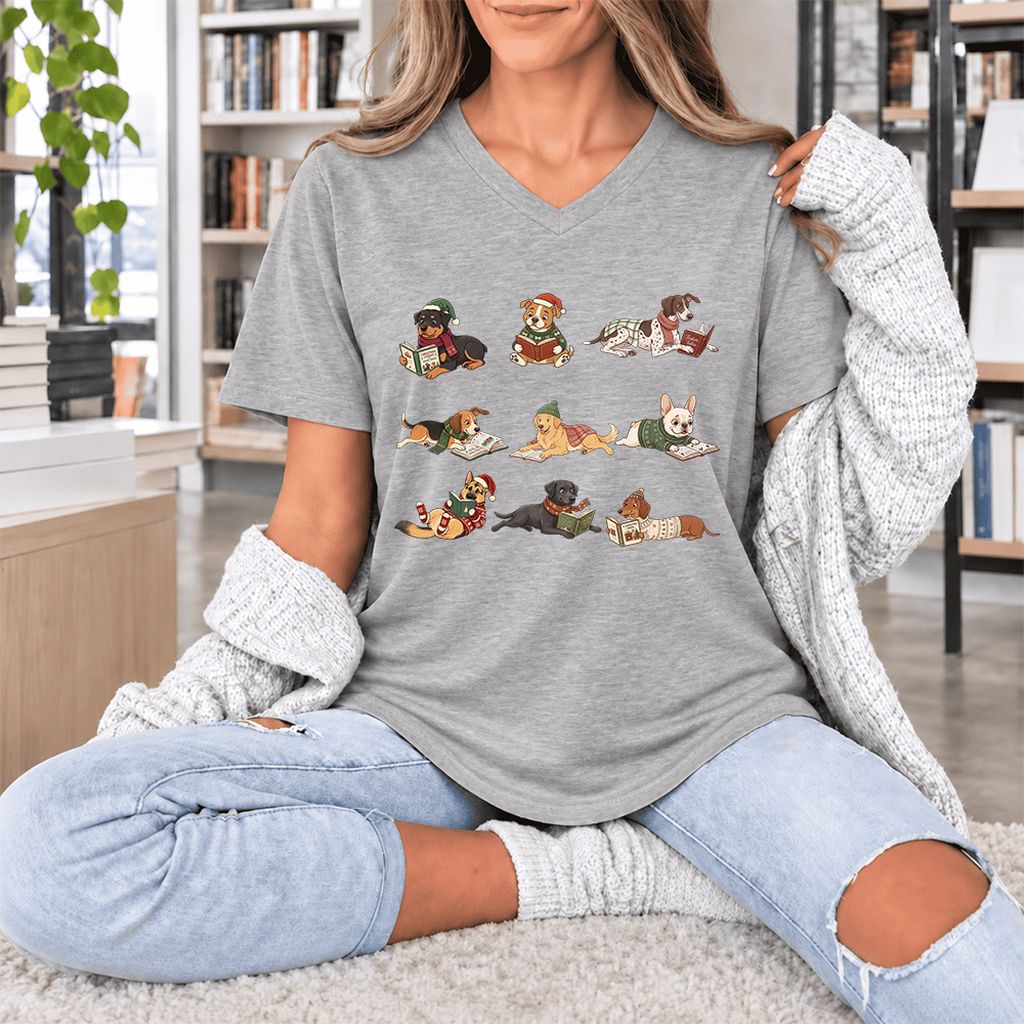 Cozy Dogs Reading Christmas Ultra-Soft V-Neck | Christmas Reader Gift Athletic Heather