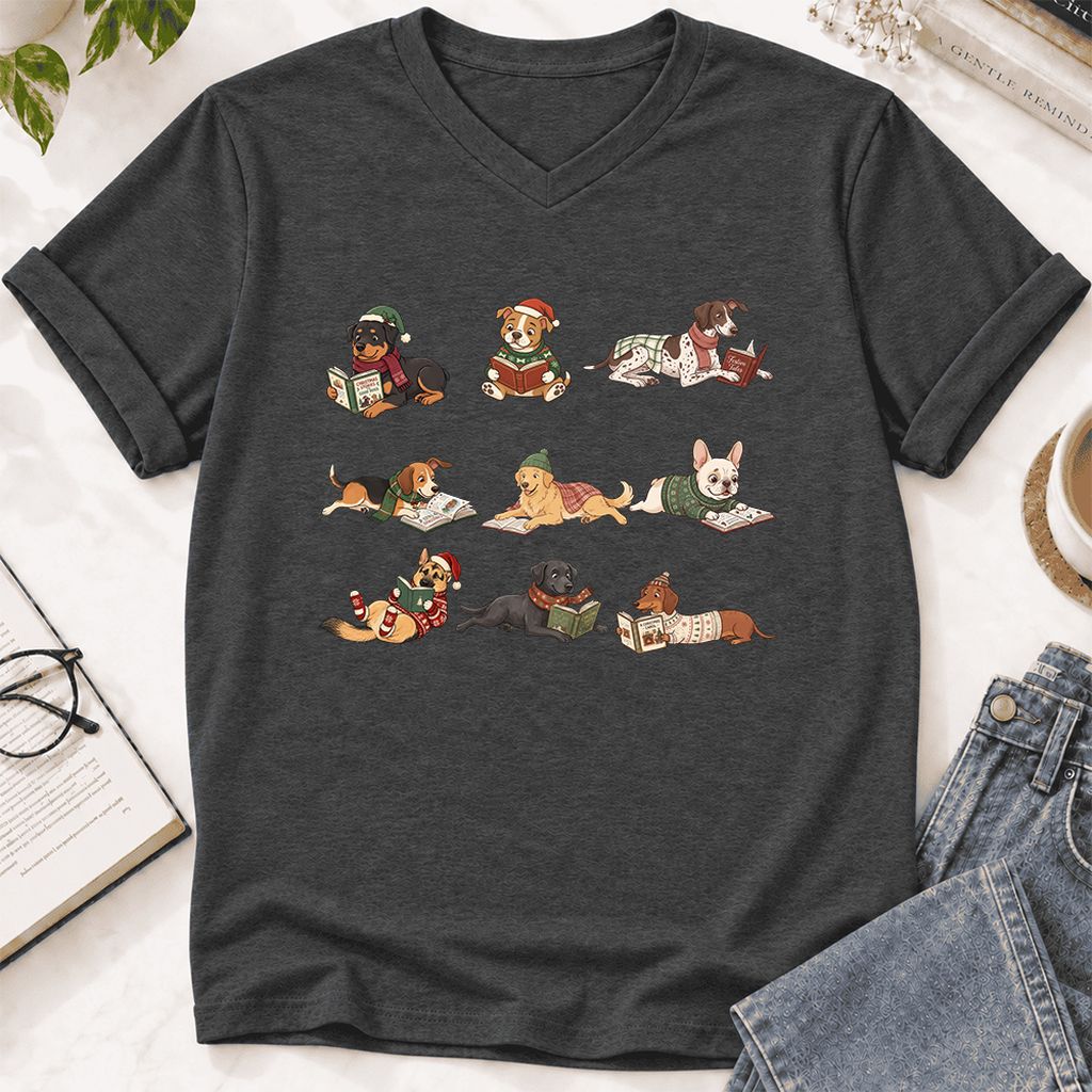 Cozy Dogs Reading Christmas Ultra-Soft V-Neck | Christmas Reader Gift Dark Grey Heather