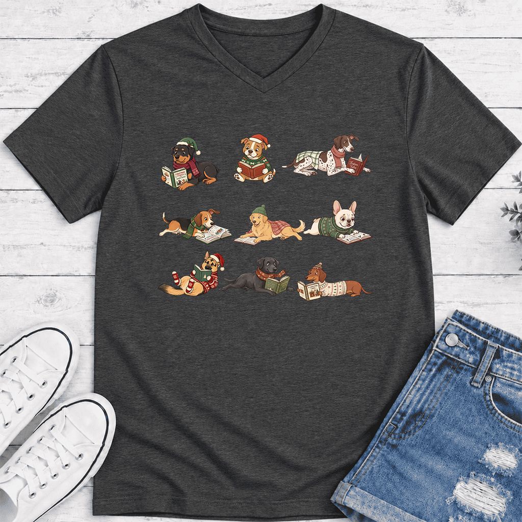 Cozy Dogs Reading Christmas Ultra-Soft V-Neck | Christmas Reader Gift Dark Grey Heather