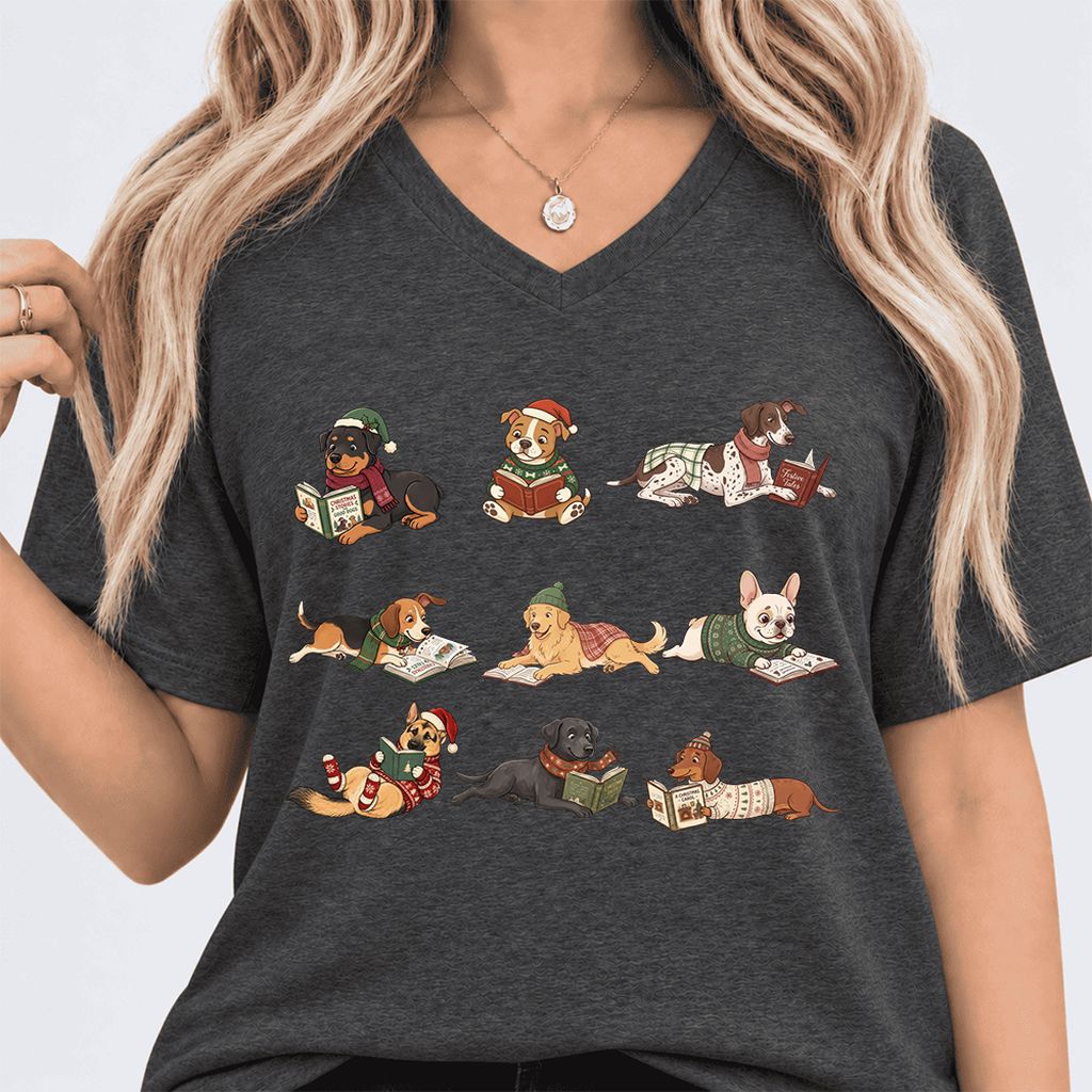 Cozy Dogs Reading Christmas Ultra-Soft V-Neck | Christmas Reader Gift Dark Grey Heather