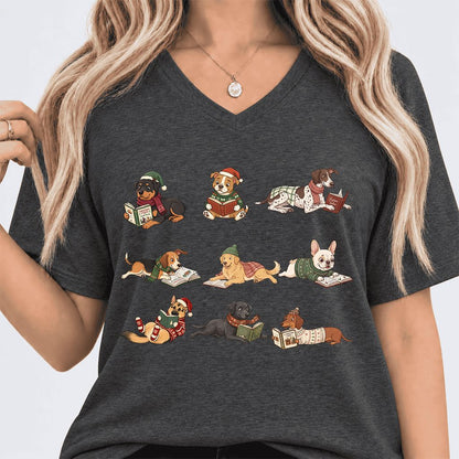 Cozy Dogs Reading Christmas Ultra-Soft V-Neck | Christmas Reader Gift Dark Grey Heather
