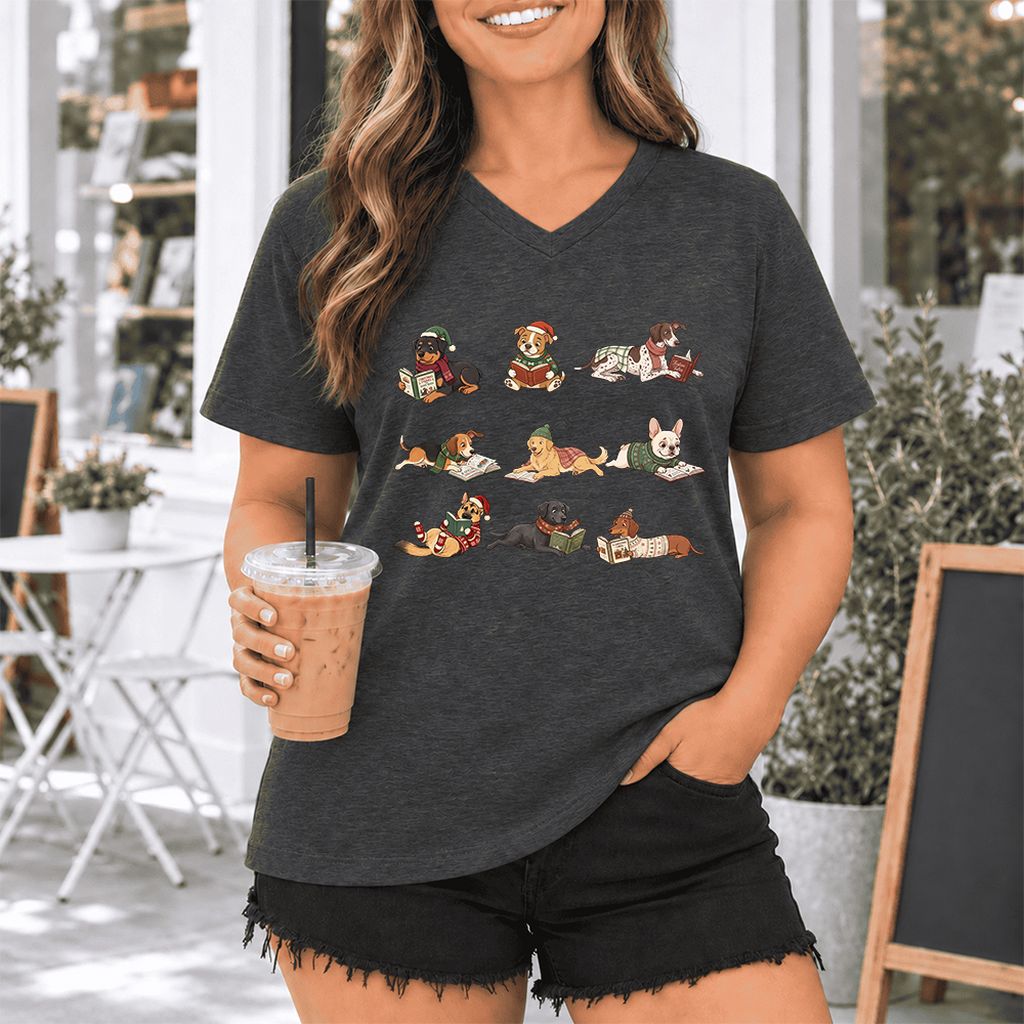Cozy Dogs Reading Christmas Ultra-Soft V-Neck | Christmas Reader Gift Dark Grey Heather