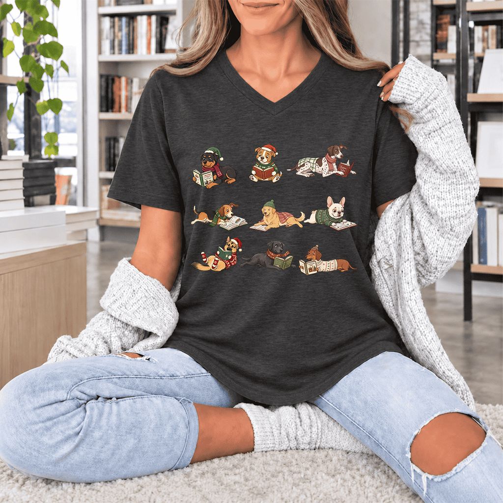 Cozy Dogs Reading Christmas Ultra-Soft V-Neck | Christmas Reader Gift Dark Grey Heather