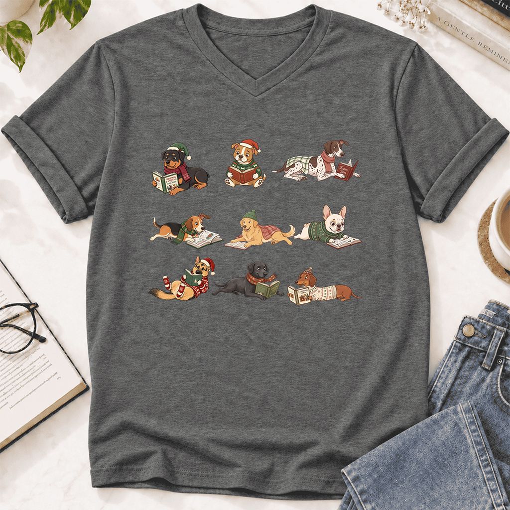 Cozy Dogs Reading Christmas Ultra-Soft V-Neck | Christmas Reader Gift Deep Heather