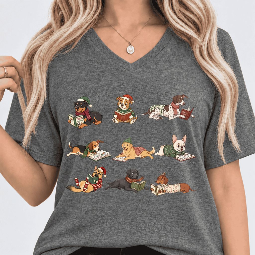 Cozy Dogs Reading Christmas Ultra-Soft V-Neck | Christmas Reader Gift Deep Heather