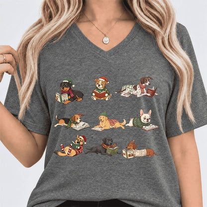 Cozy Dogs Reading Christmas Ultra-Soft V-Neck | Christmas Reader Gift Deep Heather