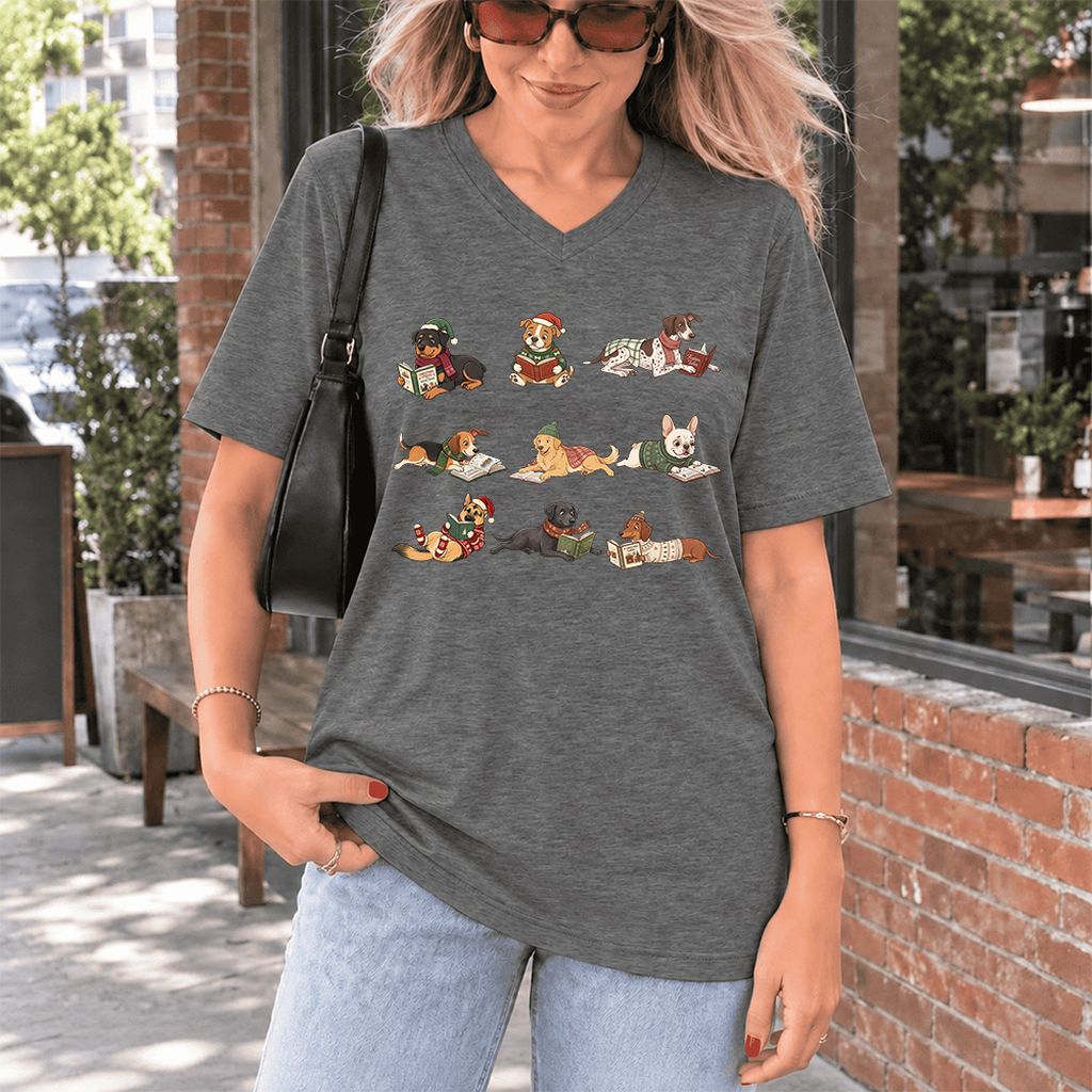 Cozy Dogs Reading Christmas Ultra-Soft V-Neck | Christmas Reader Gift Deep Heather