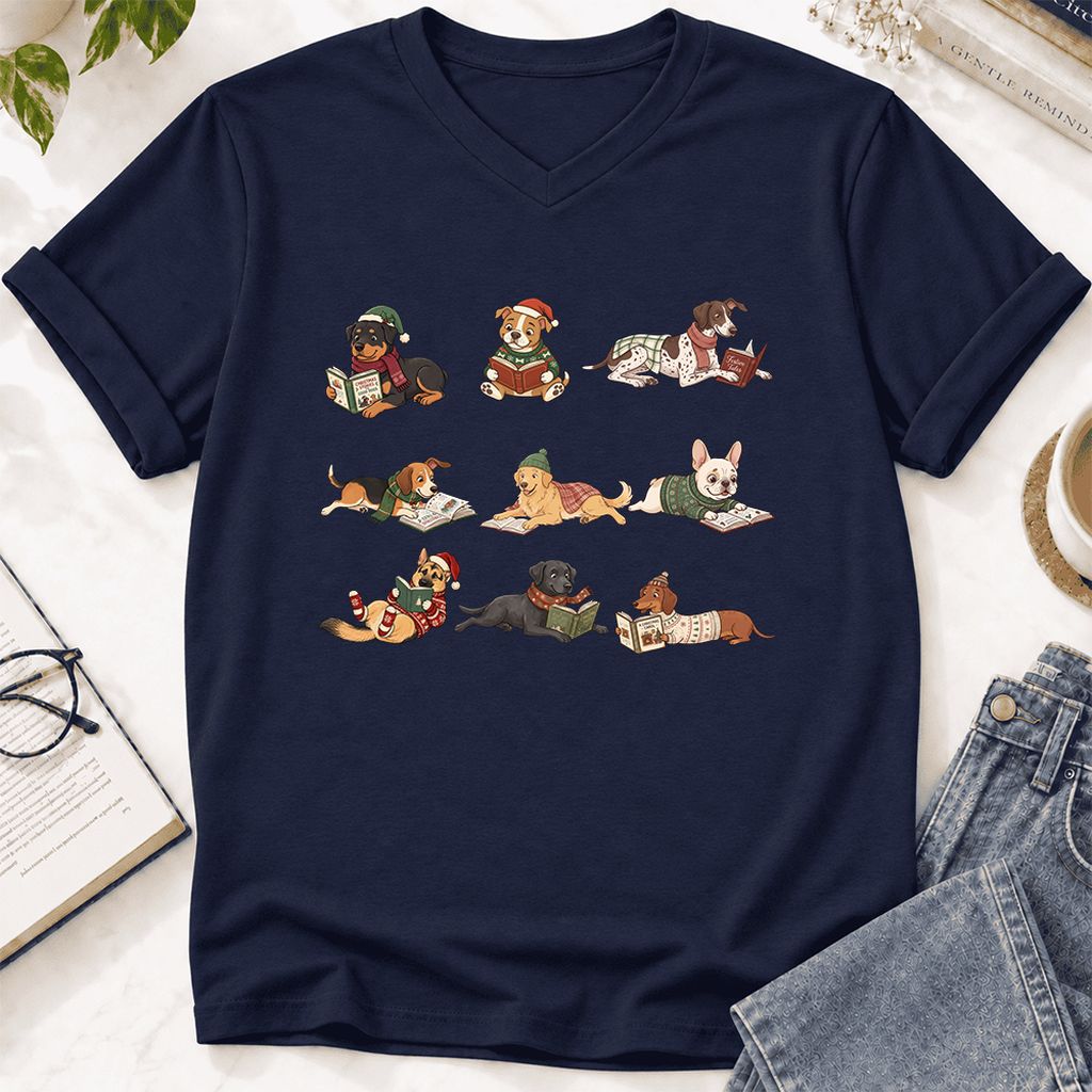 Cozy Dogs Reading Christmas Ultra-Soft V-Neck | Christmas Reader Gift Navy