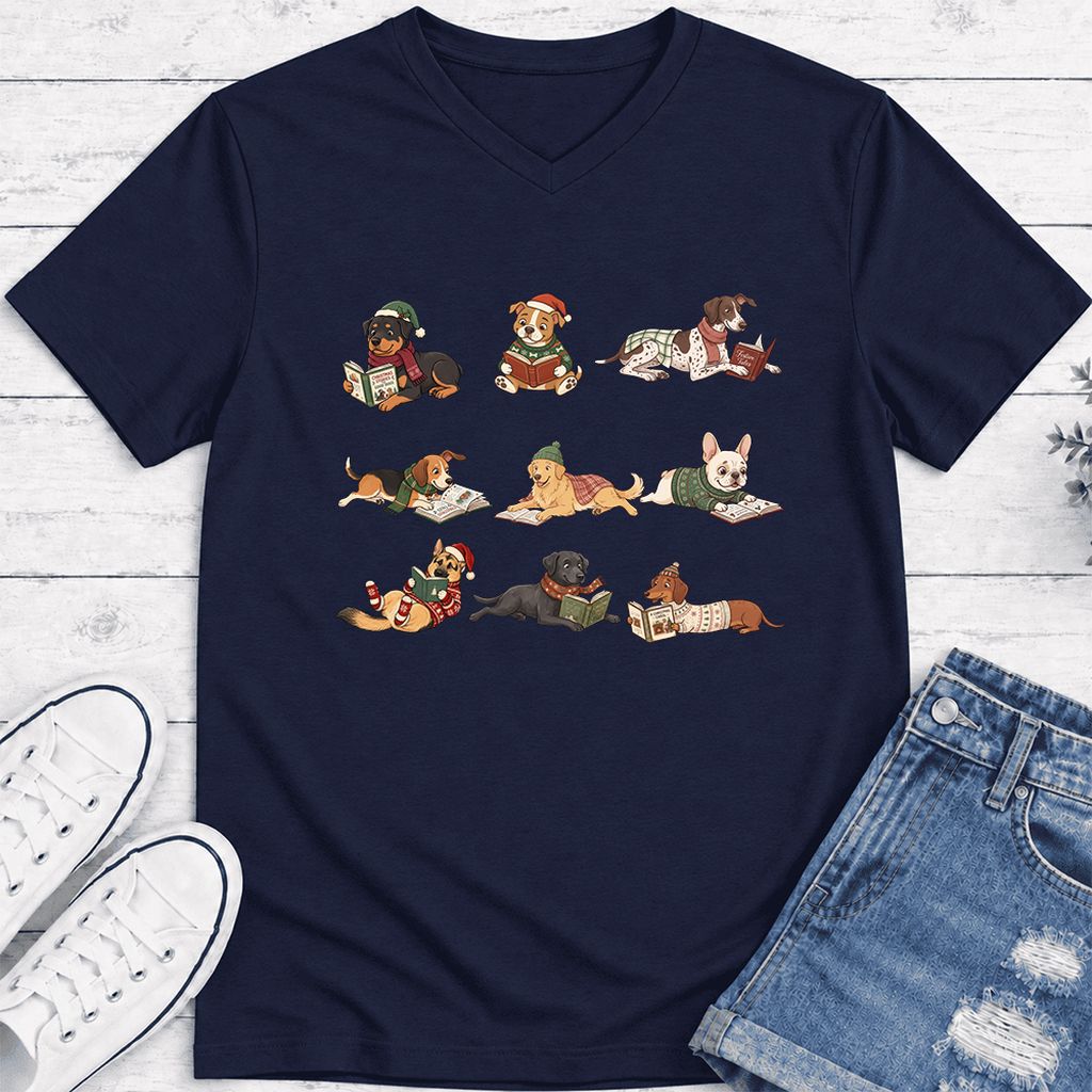 Cozy Dogs Reading Christmas Ultra-Soft V-Neck | Christmas Reader Gift Navy