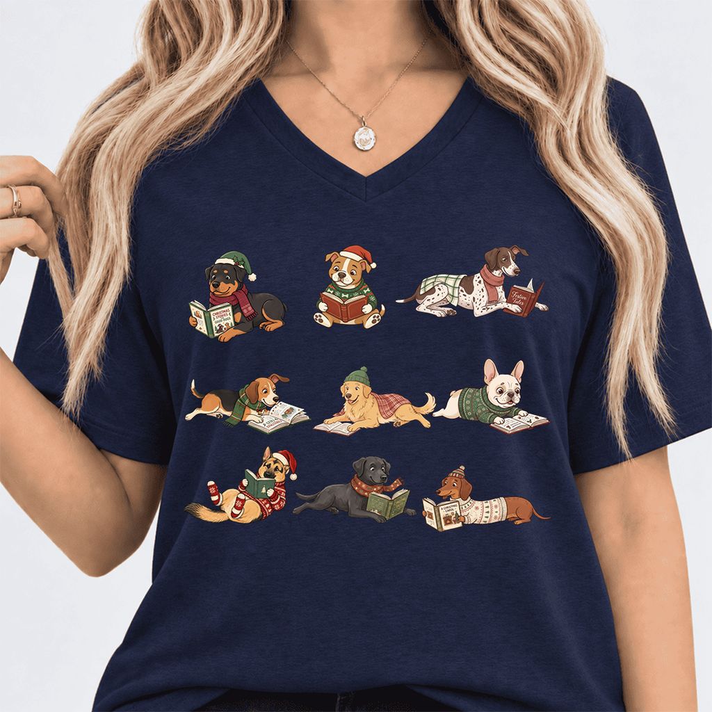 Cozy Dogs Reading Christmas Ultra-Soft V-Neck | Christmas Reader Gift Navy
