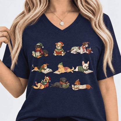Cozy Dogs Reading Christmas Ultra-Soft V-Neck | Christmas Reader Gift Navy