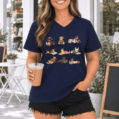 Cozy Dogs Reading Christmas Ultra-Soft V-Neck | Christmas Reader Gift Navy