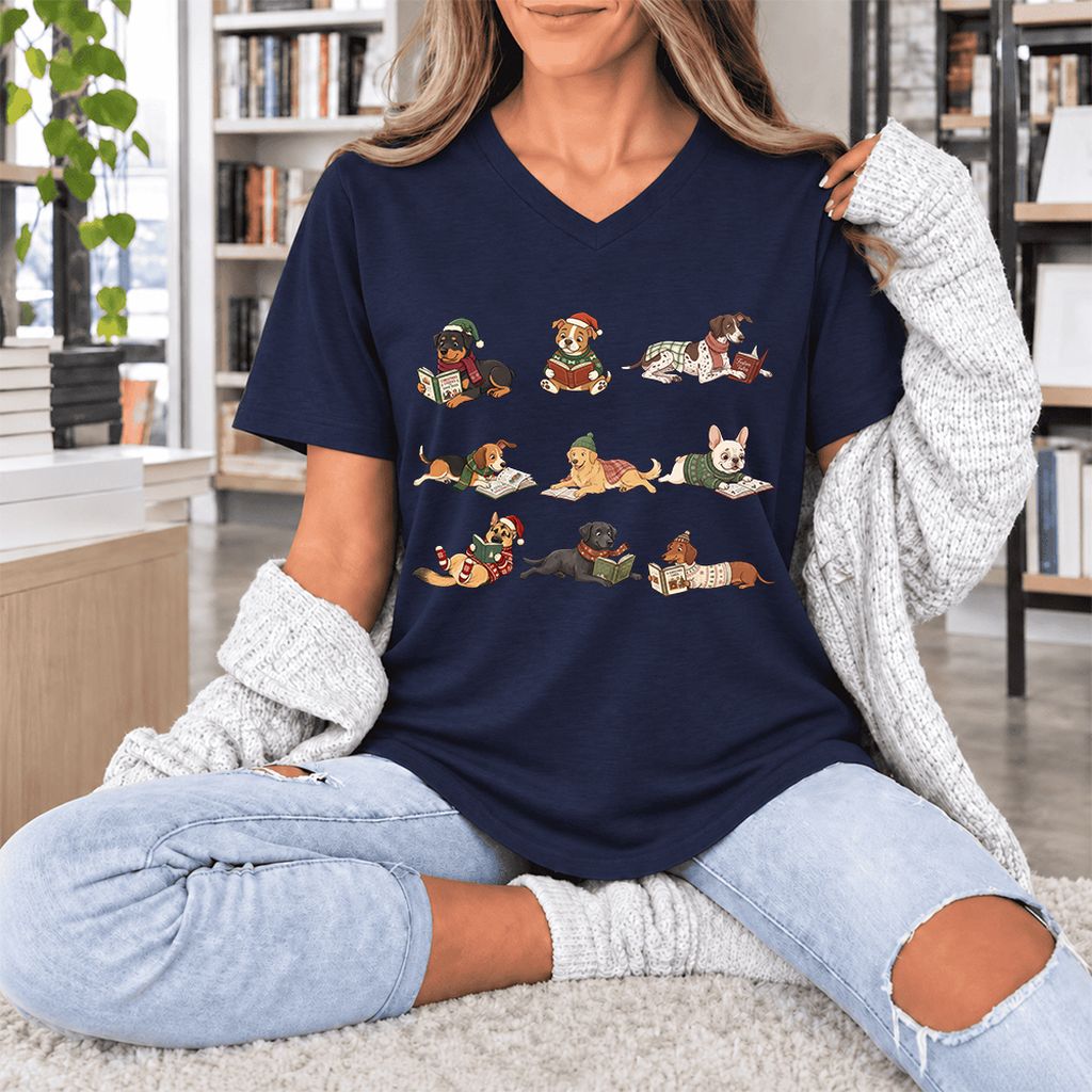 Cozy Dogs Reading Christmas Ultra-Soft V-Neck | Christmas Reader Gift Navy