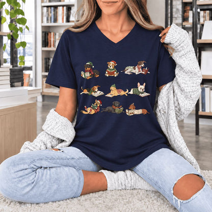 Cozy Dogs Reading Christmas Ultra-Soft V-Neck | Christmas Reader Gift Navy