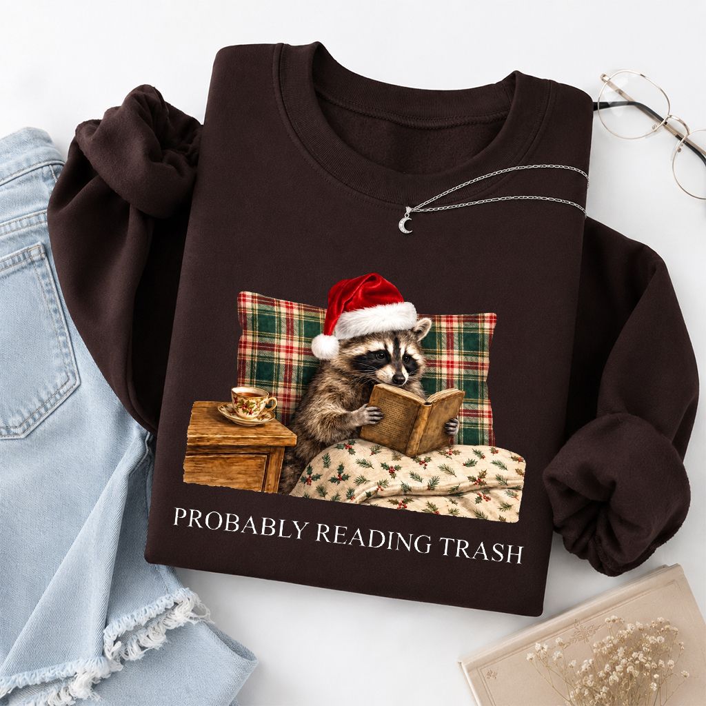 Probably Reading Trash Printed Sweatshirt | Cozy Christmas Book Lover Gift Dark Chocolate