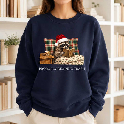 Probably Reading Trash Printed Sweatshirt | Cozy Christmas Book Lover Gift Navy