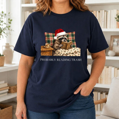 Probably Reading Trash Printed T-Shirt | Cozy Christmas Book Lover Gift Navy