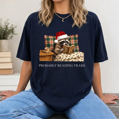 Probably Reading Trash Printed T-Shirt | Cozy Christmas Book Lover Gift Navy
