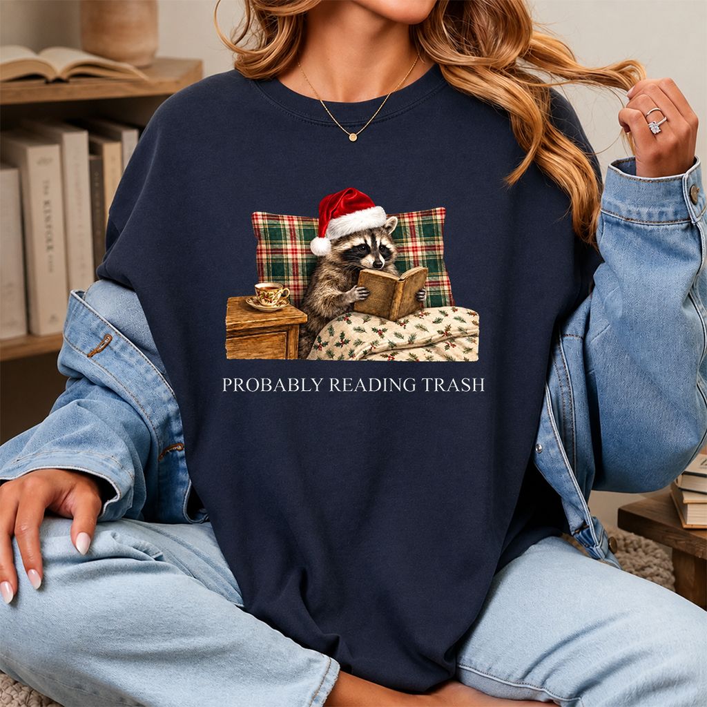 Probably Reading Trash Printed T-Shirt | Cozy Christmas Book Lover Gift Navy