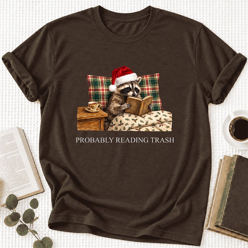 Probably Reading Trash Ultra-Soft Cotton T-Shirt | Christmas Book Lover Gift Brown