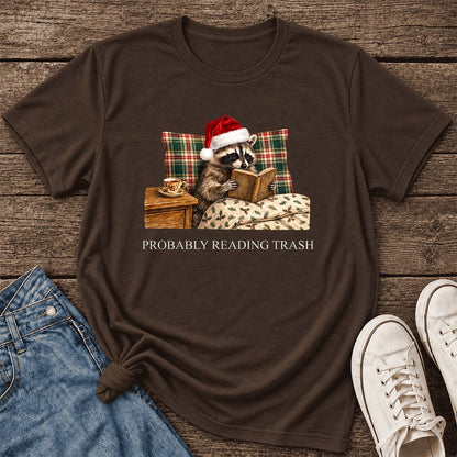 Probably Reading Trash Ultra-Soft Cotton T-Shirt | Christmas Book Lover Gift Brown