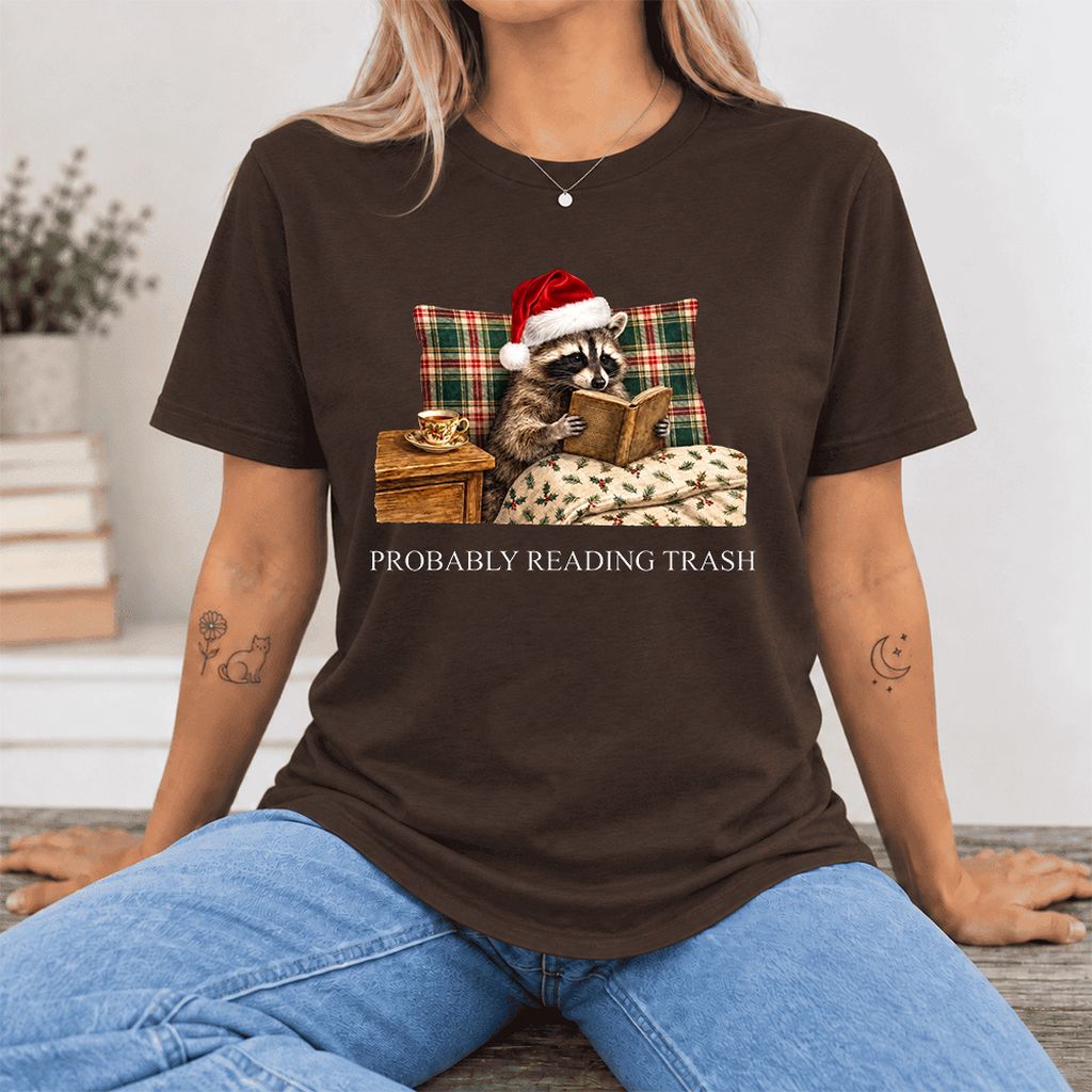 Probably Reading Trash Ultra-Soft Cotton T-Shirt | Christmas Book Lover Gift Brown