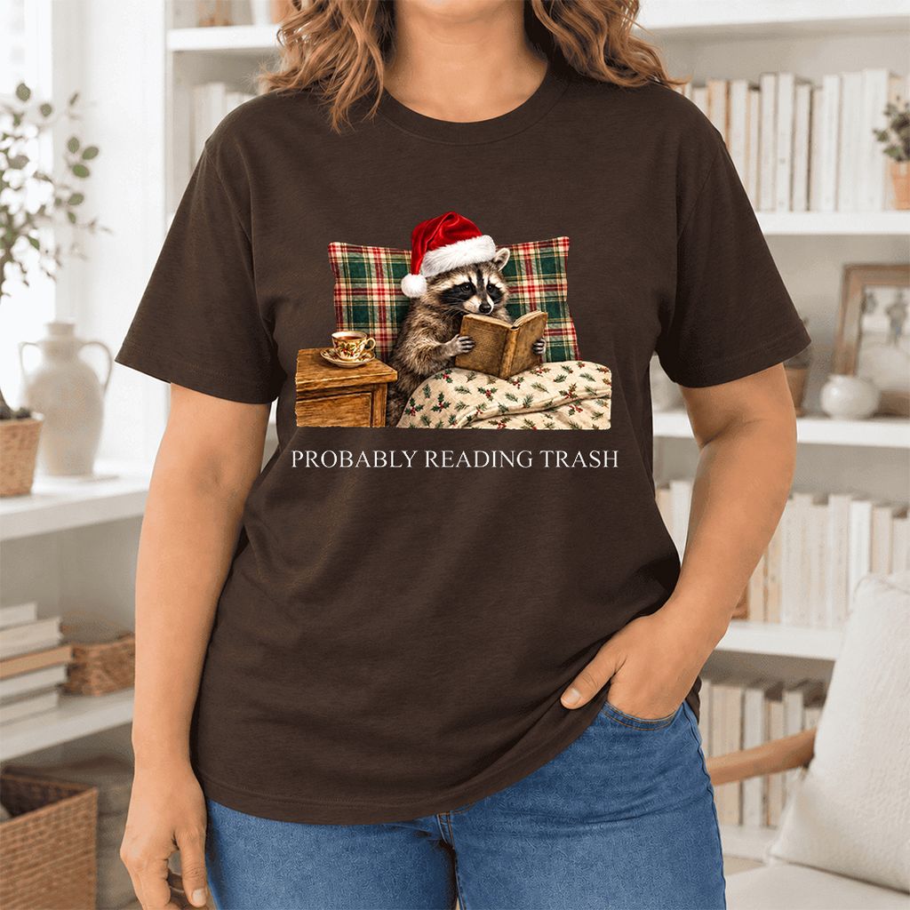 Probably Reading Trash Ultra-Soft Cotton T-Shirt | Christmas Book Lover Gift Brown